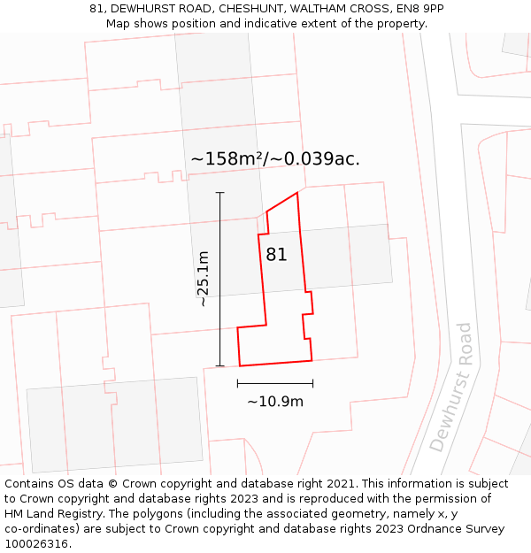 81, DEWHURST ROAD, CHESHUNT, WALTHAM CROSS, EN8 9PP: Plot and title map