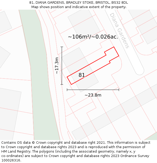 81, DIANA GARDENS, BRADLEY STOKE, BRISTOL, BS32 8DL: Plot and title map