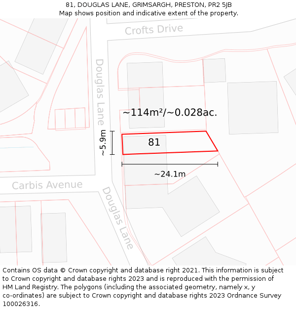 81, DOUGLAS LANE, GRIMSARGH, PRESTON, PR2 5JB: Plot and title map