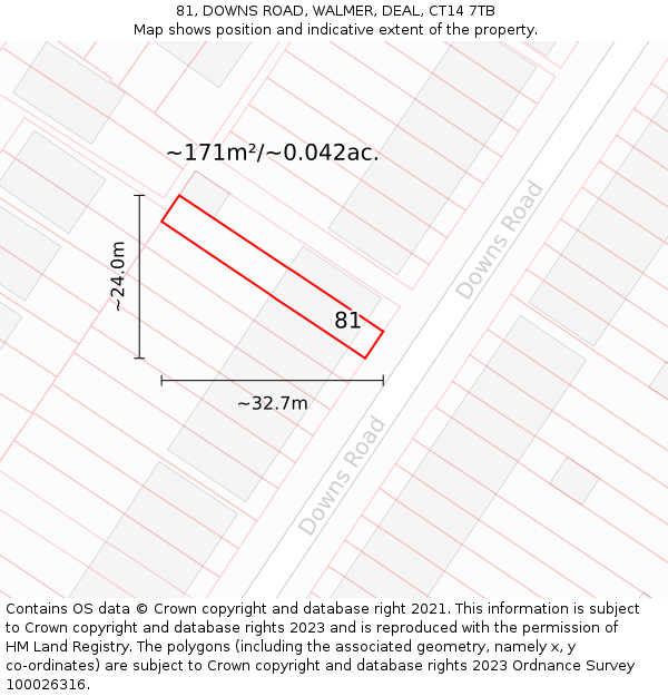 81, DOWNS ROAD, WALMER, DEAL, CT14 7TB: Plot and title map