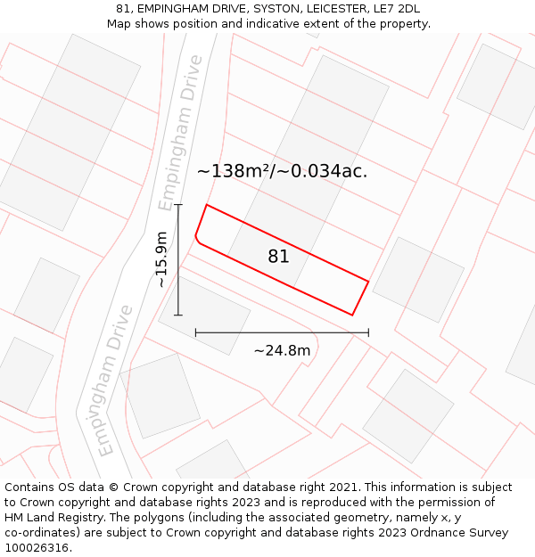 81, EMPINGHAM DRIVE, SYSTON, LEICESTER, LE7 2DL: Plot and title map