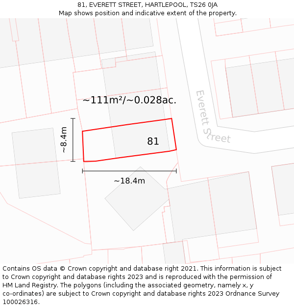 81, EVERETT STREET, HARTLEPOOL, TS26 0JA: Plot and title map