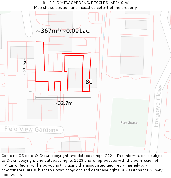 81, FIELD VIEW GARDENS, BECCLES, NR34 9LW: Plot and title map