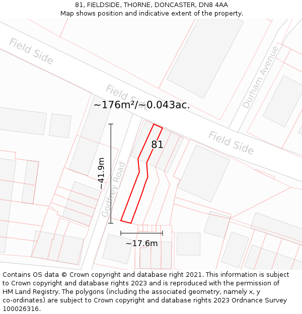 81, FIELDSIDE, THORNE, DONCASTER, DN8 4AA: Plot and title map