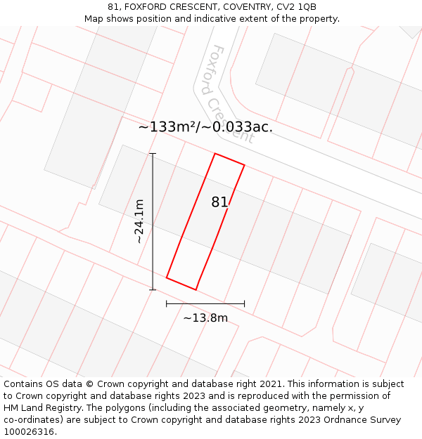 81, FOXFORD CRESCENT, COVENTRY, CV2 1QB: Plot and title map