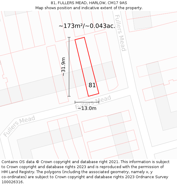 81, FULLERS MEAD, HARLOW, CM17 9AS: Plot and title map