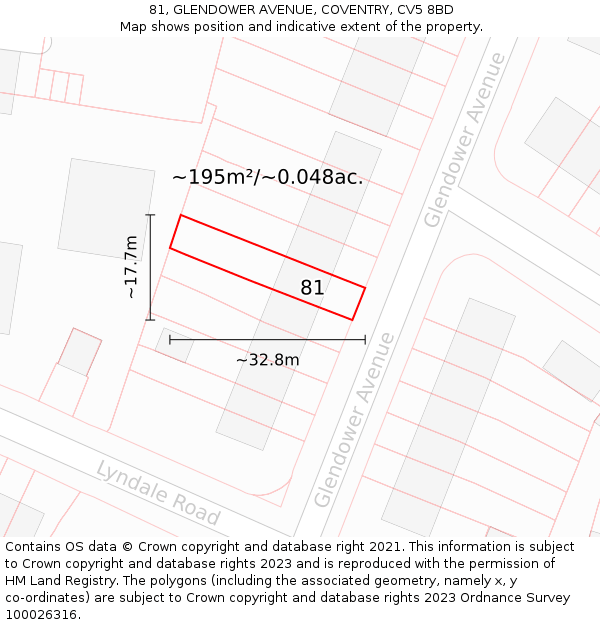81, GLENDOWER AVENUE, COVENTRY, CV5 8BD: Plot and title map