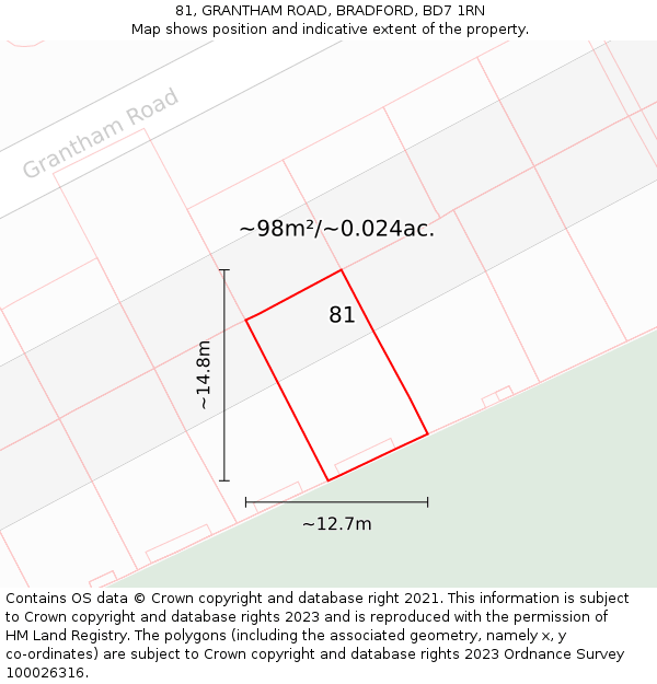 81, GRANTHAM ROAD, BRADFORD, BD7 1RN: Plot and title map