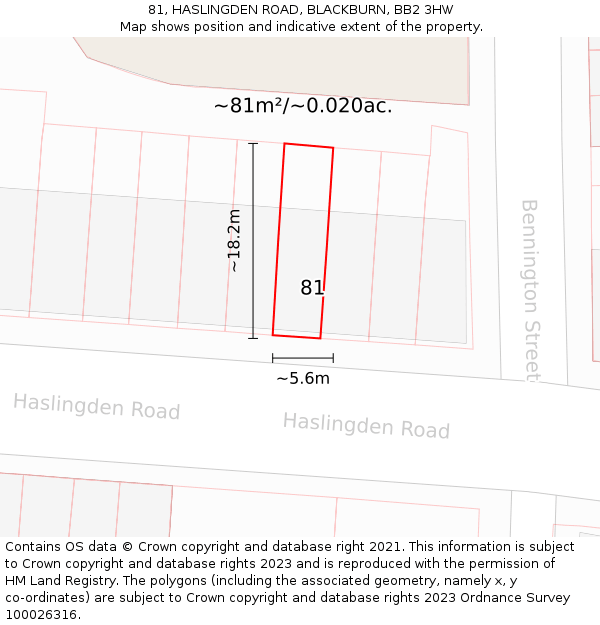 81, HASLINGDEN ROAD, BLACKBURN, BB2 3HW: Plot and title map