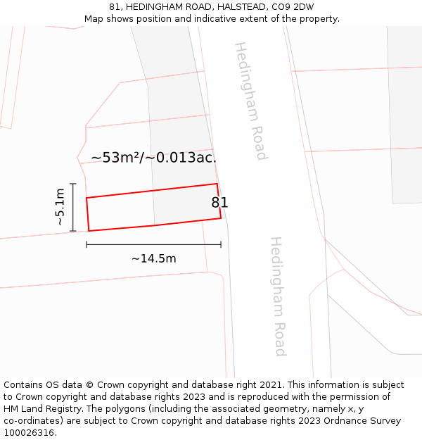 81, HEDINGHAM ROAD, HALSTEAD, CO9 2DW: Plot and title map