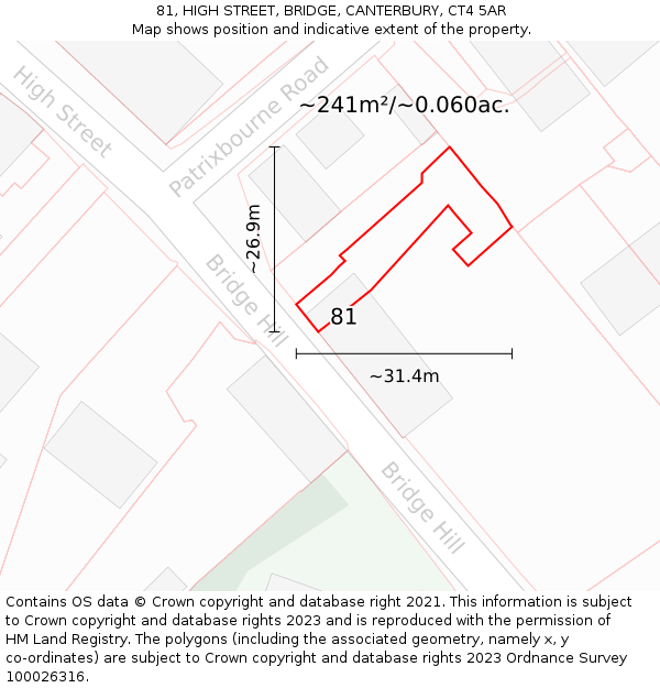 81, HIGH STREET, BRIDGE, CANTERBURY, CT4 5AR: Plot and title map