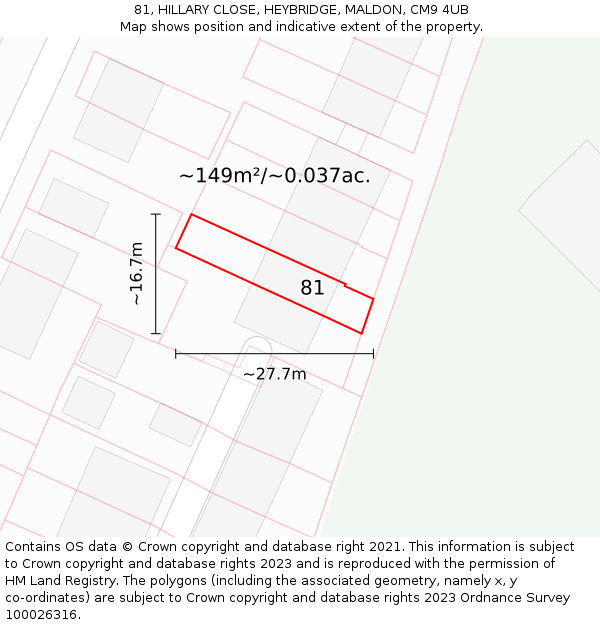81, HILLARY CLOSE, HEYBRIDGE, MALDON, CM9 4UB: Plot and title map