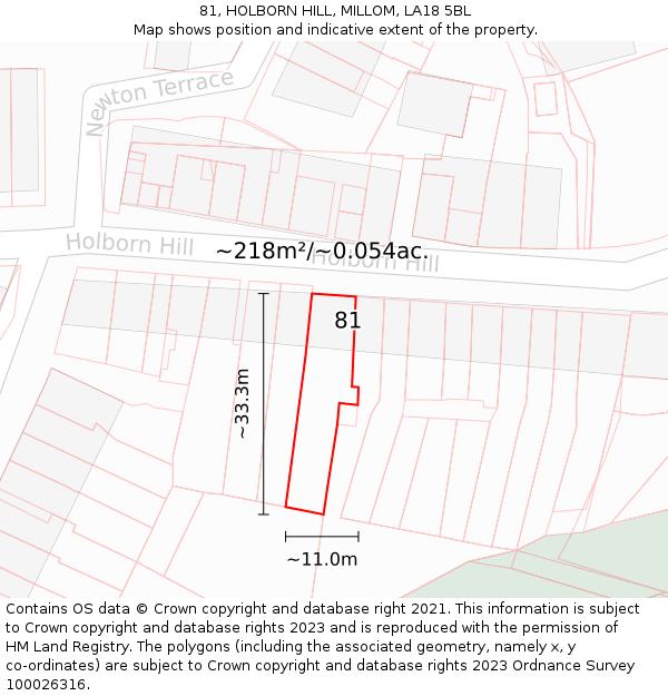 81, HOLBORN HILL, MILLOM, LA18 5BL: Plot and title map