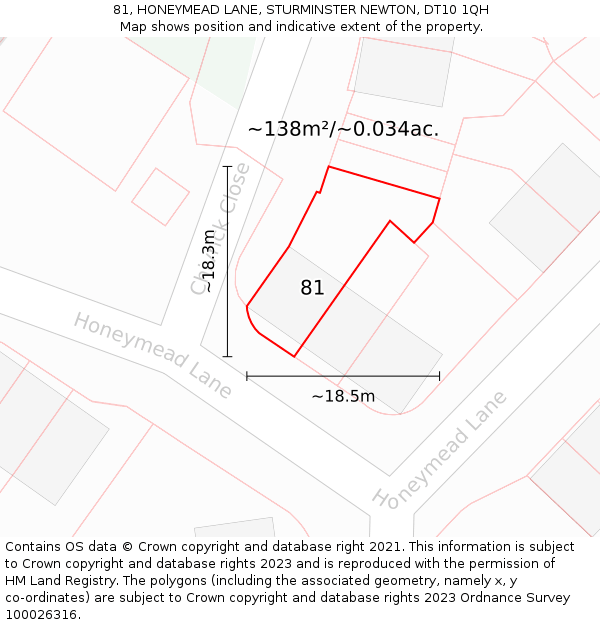 81, HONEYMEAD LANE, STURMINSTER NEWTON, DT10 1QH: Plot and title map
