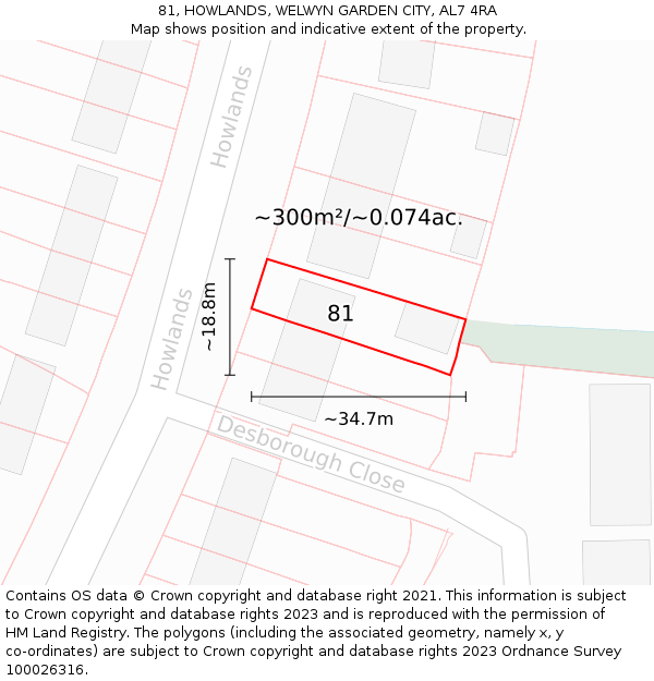 81, HOWLANDS, WELWYN GARDEN CITY, AL7 4RA: Plot and title map