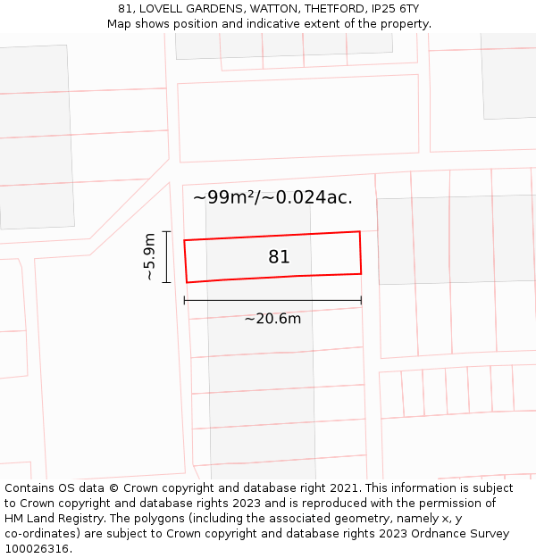 81, LOVELL GARDENS, WATTON, THETFORD, IP25 6TY: Plot and title map