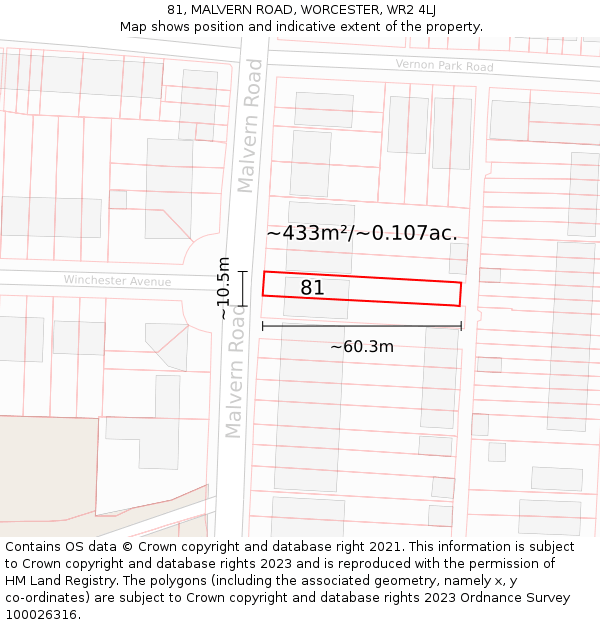 81, MALVERN ROAD, WORCESTER, WR2 4LJ: Plot and title map