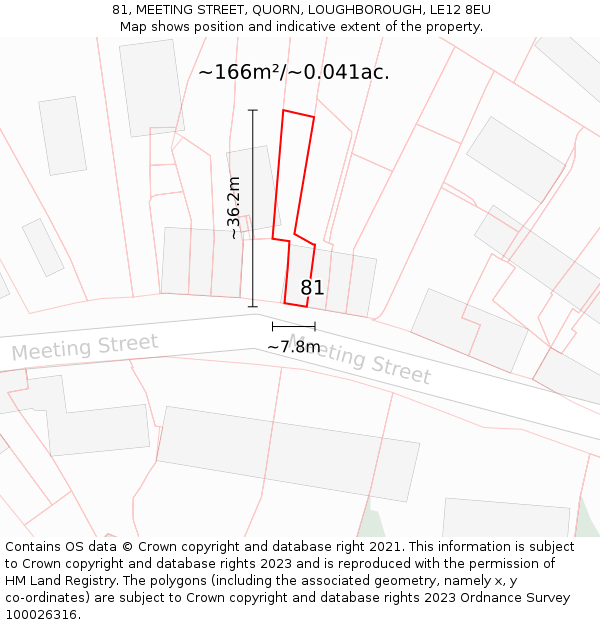 81, MEETING STREET, QUORN, LOUGHBOROUGH, LE12 8EU: Plot and title map