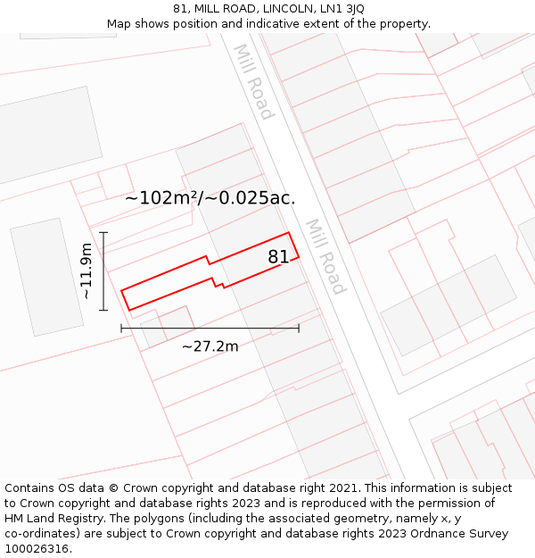 81, MILL ROAD, LINCOLN, LN1 3JQ: Plot and title map