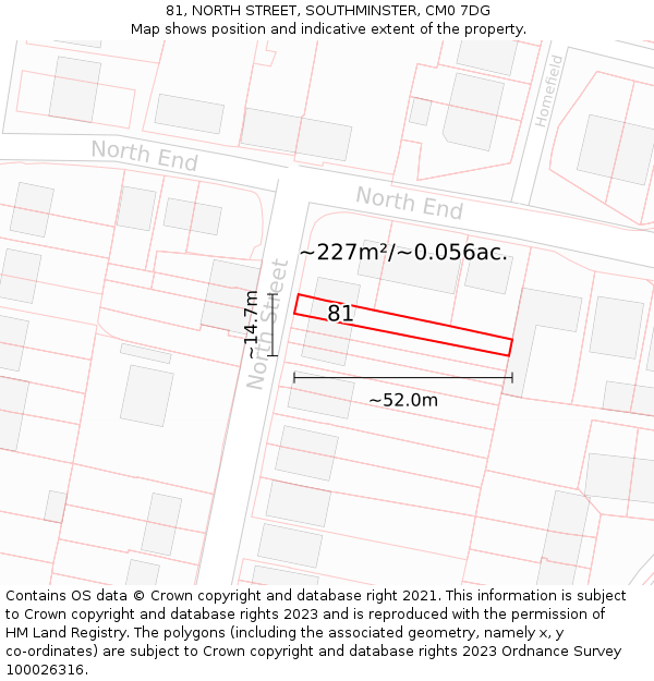 81, NORTH STREET, SOUTHMINSTER, CM0 7DG: Plot and title map
