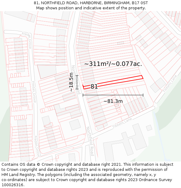 81, NORTHFIELD ROAD, HARBORNE, BIRMINGHAM, B17 0ST: Plot and title map