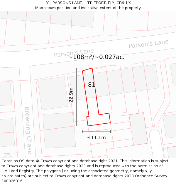 81, PARSONS LANE, LITTLEPORT, ELY, CB6 1JX: Plot and title map