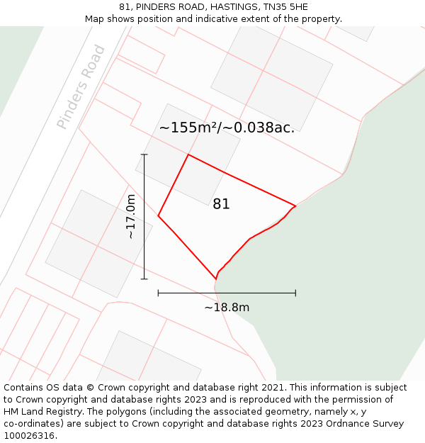 81, PINDERS ROAD, HASTINGS, TN35 5HE: Plot and title map
