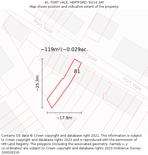 81, PORT VALE, HERTFORD, SG14 3AF: Plot and title map