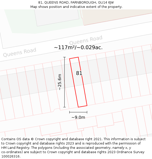 81, QUEENS ROAD, FARNBOROUGH, GU14 6JW: Plot and title map