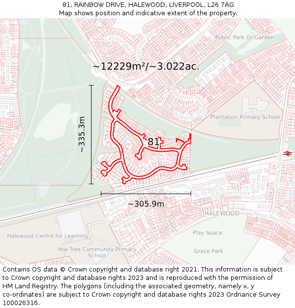 81, RAINBOW DRIVE, HALEWOOD, LIVERPOOL, L26 7AG: Plot and title map
