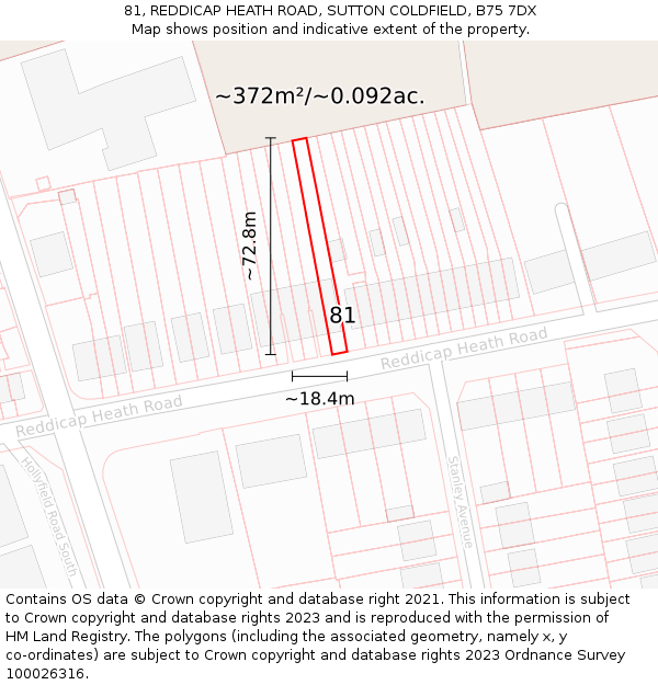 81, REDDICAP HEATH ROAD, SUTTON COLDFIELD, B75 7DX: Plot and title map