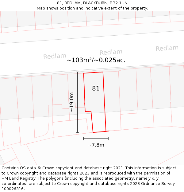 81, REDLAM, BLACKBURN, BB2 1UN: Plot and title map