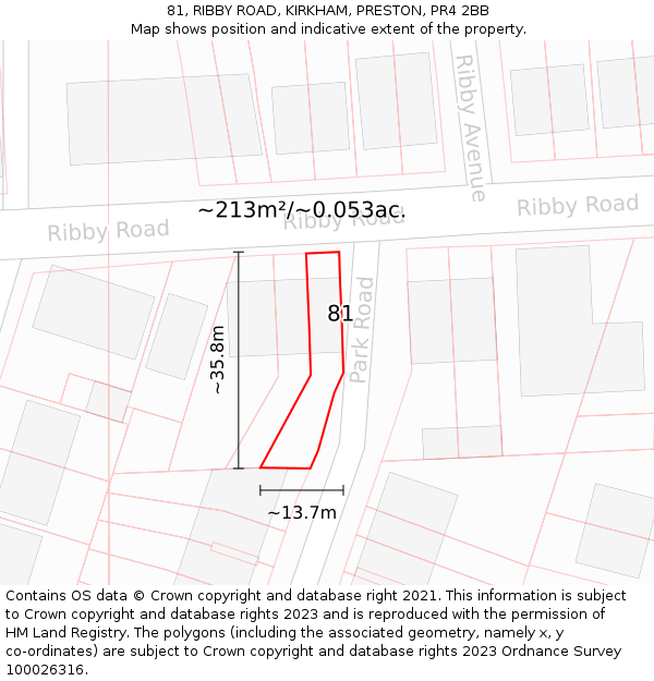 81, RIBBY ROAD, KIRKHAM, PRESTON, PR4 2BB: Plot and title map