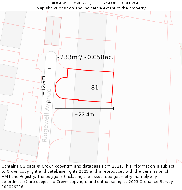 81, RIDGEWELL AVENUE, CHELMSFORD, CM1 2GF: Plot and title map