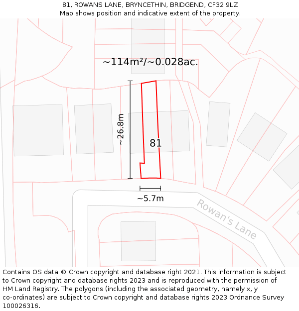 81, ROWANS LANE, BRYNCETHIN, BRIDGEND, CF32 9LZ: Plot and title map