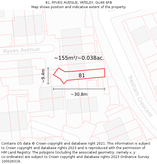 81, RYVES AVENUE, YATELEY, GU46 6FB: Plot and title map