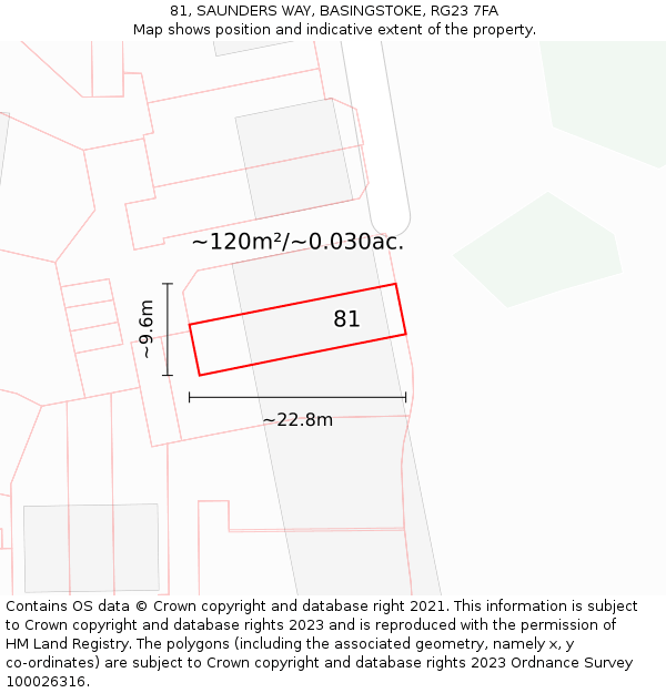81, SAUNDERS WAY, BASINGSTOKE, RG23 7FA: Plot and title map