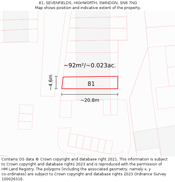 81, SEVENFIELDS, HIGHWORTH, SWINDON, SN6 7NG: Plot and title map