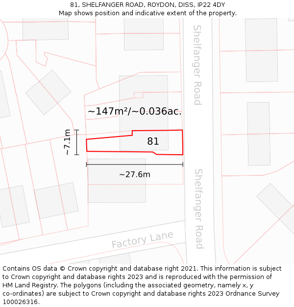 81, SHELFANGER ROAD, ROYDON, DISS, IP22 4DY: Plot and title map