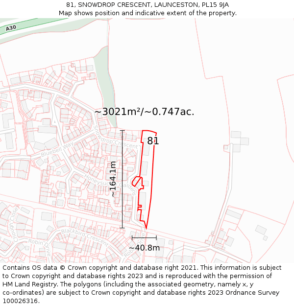 81, SNOWDROP CRESCENT, LAUNCESTON, PL15 9JA: Plot and title map