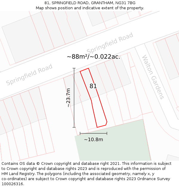 81, SPRINGFIELD ROAD, GRANTHAM, NG31 7BG: Plot and title map