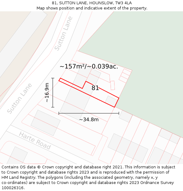 81, SUTTON LANE, HOUNSLOW, TW3 4LA: Plot and title map
