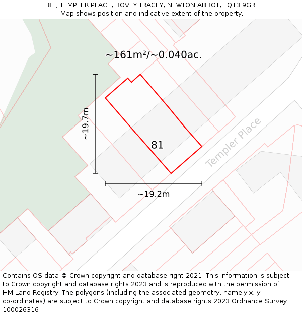81, TEMPLER PLACE, BOVEY TRACEY, NEWTON ABBOT, TQ13 9GR: Plot and title map