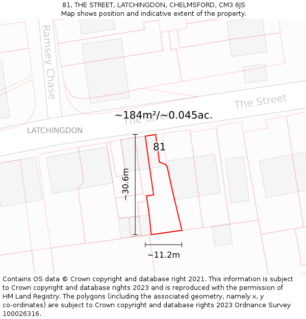 81, THE STREET, LATCHINGDON, CHELMSFORD, CM3 6JS: Plot and title map