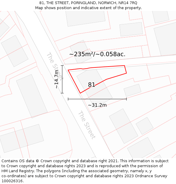 81, THE STREET, PORINGLAND, NORWICH, NR14 7RQ: Plot and title map