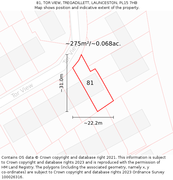 81, TOR VIEW, TREGADILLETT, LAUNCESTON, PL15 7HB: Plot and title map