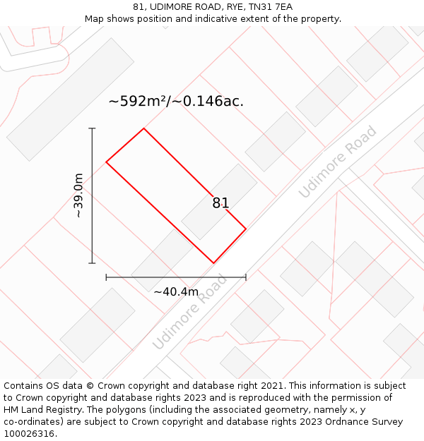 81, UDIMORE ROAD, RYE, TN31 7EA: Plot and title map