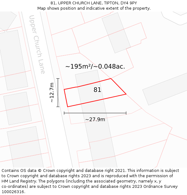 81, UPPER CHURCH LANE, TIPTON, DY4 9PY: Plot and title map