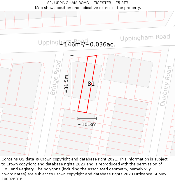 81, UPPINGHAM ROAD, LEICESTER, LE5 3TB: Plot and title map