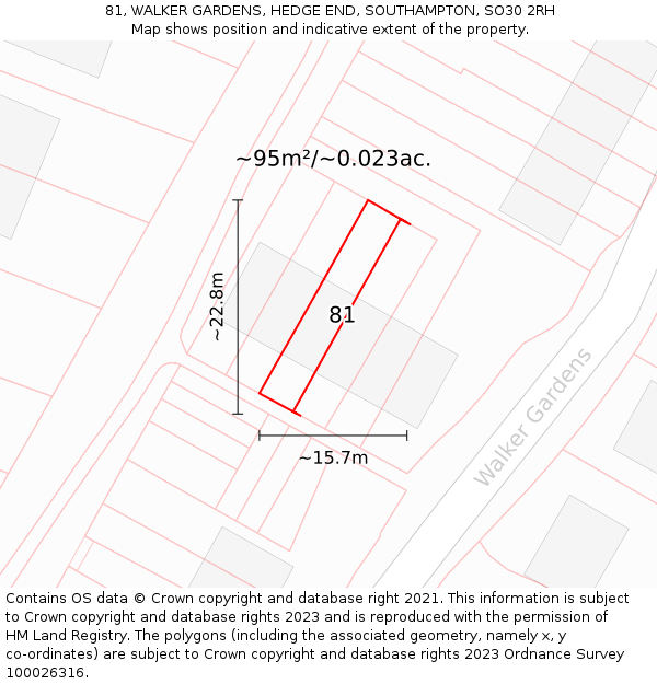 81, WALKER GARDENS, HEDGE END, SOUTHAMPTON, SO30 2RH: Plot and title map